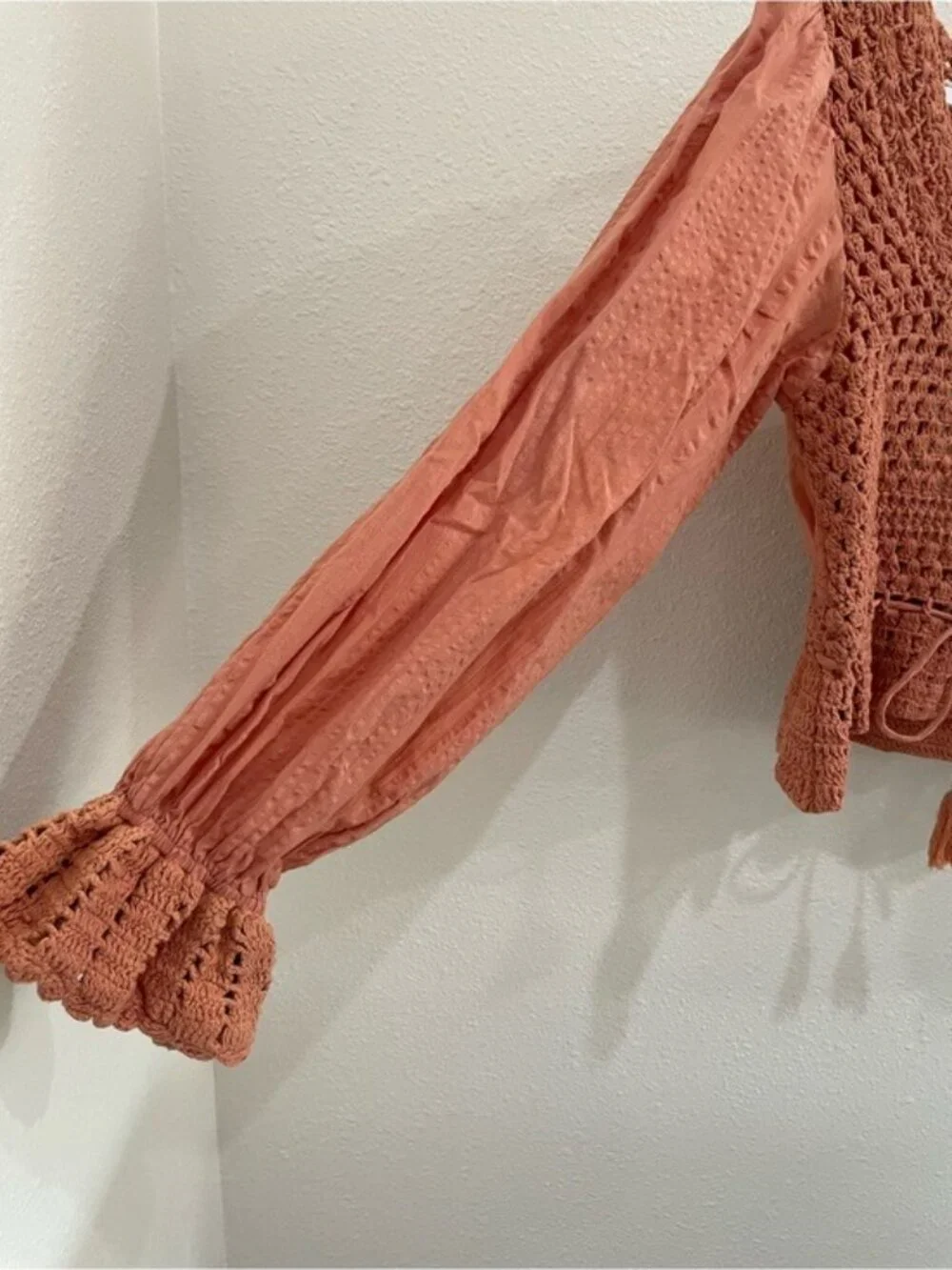 Free People Crochet Feminine Long Sleeve Top Boho Puff Sleeve Vintage
